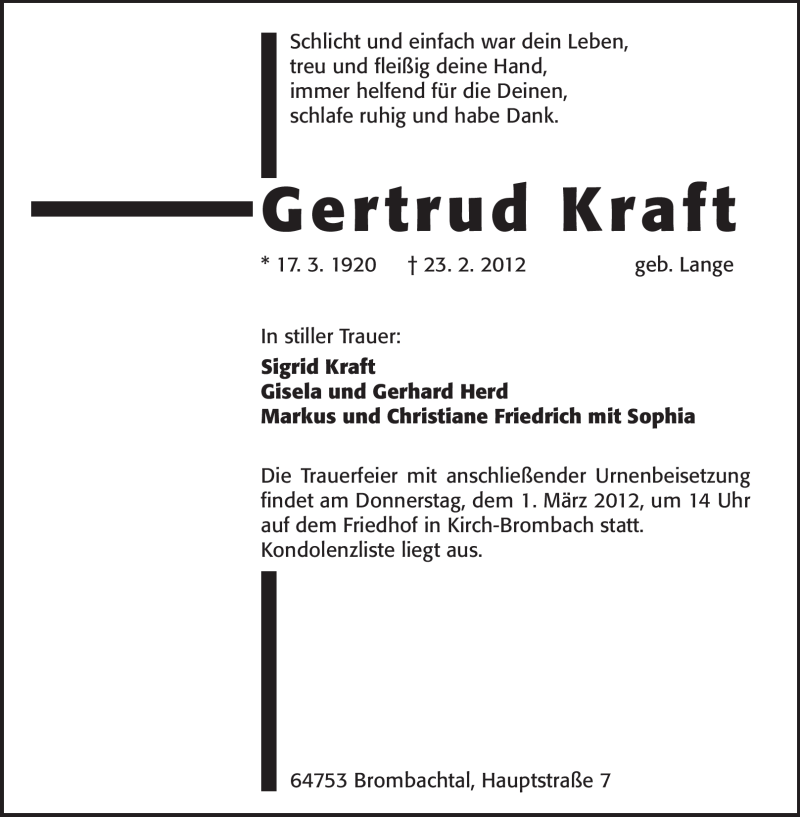  Traueranzeige für Gertrud Kraft vom 27.02.2012 aus Odenwälder Echo