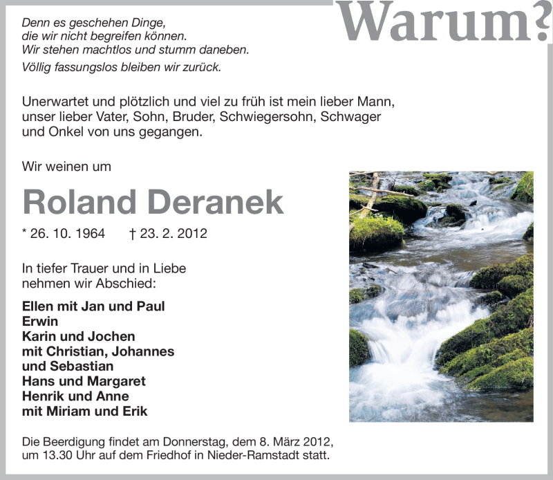  Traueranzeige für Roland Deranek vom 03.03.2012 aus Echo-Zeitungen (Gesamtausgabe)