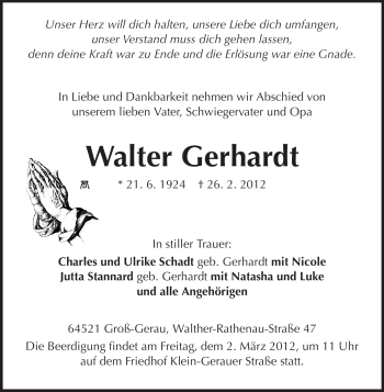 Traueranzeige von Walter Gerhardt von Rüsselsheimer Echo, Groß-Gerauer-Echo, Ried Echo