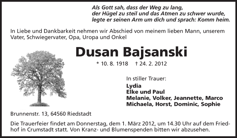  Traueranzeige für Dusan Bajsanski vom 28.02.2012 aus Rüsselsheimer Echo, Groß-Gerauer-Echo, Ried Echo