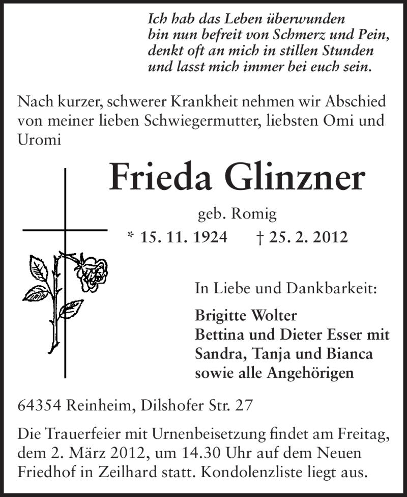  Traueranzeige für Frieda Glinzner vom 29.02.2012 aus Echo-Zeitungen (Gesamtausgabe)