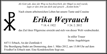 Traueranzeige von Erika Weyrauch von Odenwälder Echo