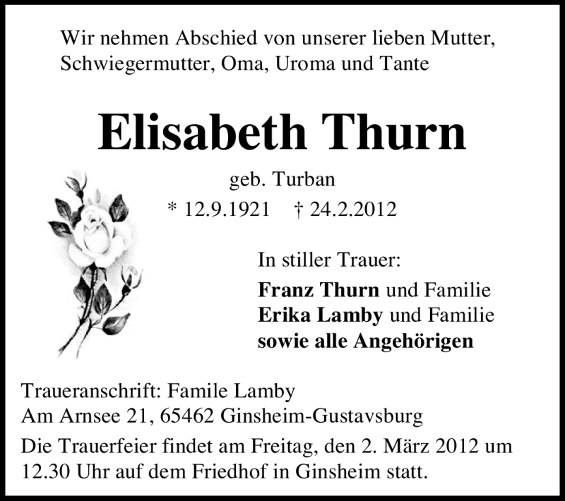  Traueranzeige für Elisabeth Thurn vom 28.02.2012 aus Rüsselsheimer Echo, Groß-Gerauer-Echo, Ried Echo