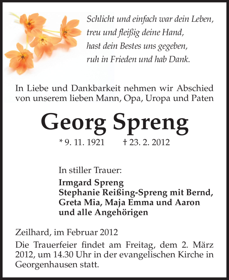  Traueranzeige für Georg Spreng vom 28.02.2012 aus Echo-Zeitungen (Gesamtausgabe)
