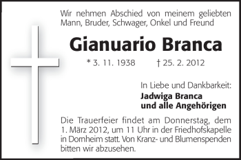 Traueranzeige von Gianuario Branca von Rüsselsheimer Echo, Groß-Gerauer-Echo, Ried Echo
