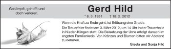 Traueranzeige von Gerd Hild von Echo-Zeitungen (Gesamtausgabe)
