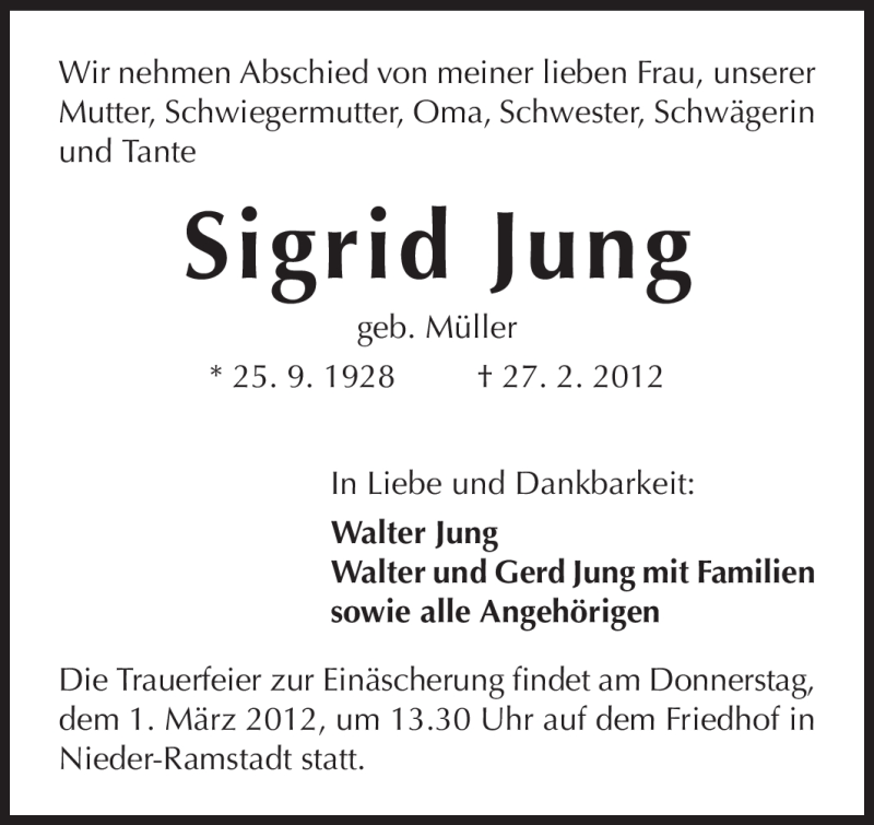  Traueranzeige für Sigrid Jung vom 28.02.2012 aus Echo-Zeitungen (Gesamtausgabe)