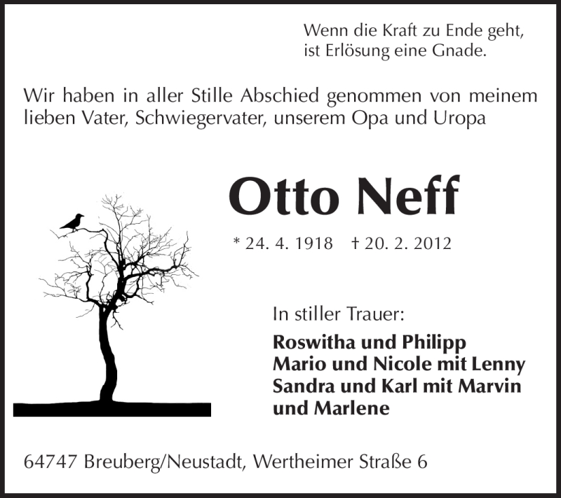  Traueranzeige für Otto Neff vom 02.03.2012 aus Odenwälder Echo