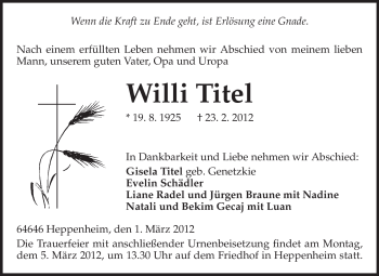 Traueranzeige von Willi Titel von Starkenburger Echo