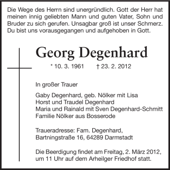 Traueranzeige von Georg Degenhard von Echo-Zeitungen (Gesamtausgabe)