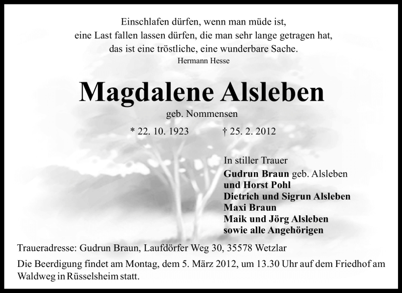  Traueranzeige für Magdalene Alsleben vom 29.02.2012 aus Rüsselsheimer Echo, Groß-Gerauer-Echo, Ried Echo