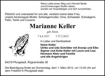 Traueranzeige von Marianne Keller von Echo-Zeitungen (Gesamtausgabe)