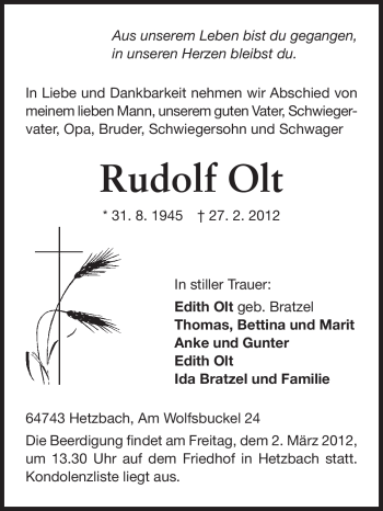 Traueranzeige von Rudolf Olt von Odenwälder Echo