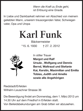 Traueranzeige von Karl Funk von Rüsselsheimer Echo, Groß-Gerauer-Echo, Ried Echo