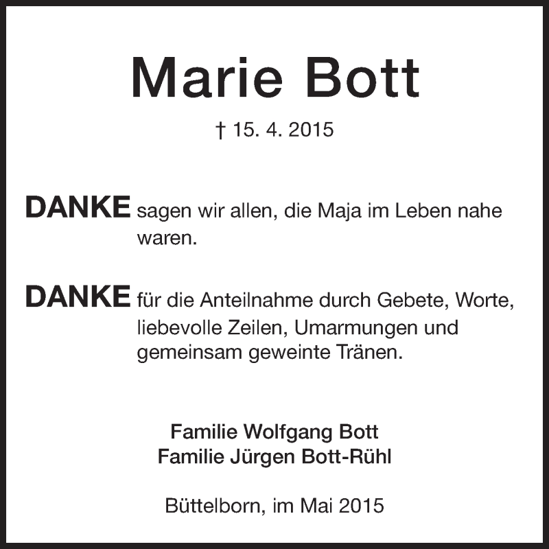  Traueranzeige für Marie Bott vom 13.05.2015 aus Rüsselsheimer Echo, Groß-Gerauer-Echo, Ried Echo