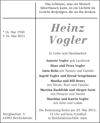 Traueranzeige von Heinz Vogler von Odenwälder Echo