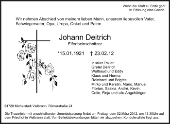 Traueranzeige von Johann Deitrich von Odenwälder Echo