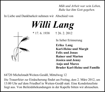 Traueranzeige von Willi Lang von Odenwälder Echo