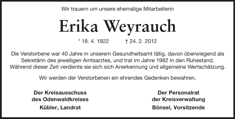  Traueranzeige für Erika Weyrauch vom 01.03.2012 aus Odenwälder Echo