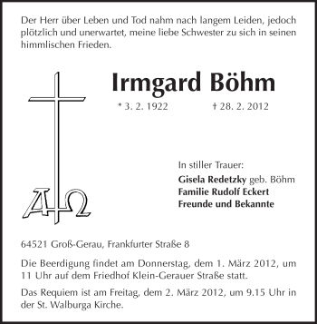 Traueranzeige von Irmgard Böhm von Rüsselsheimer Echo, Groß-Gerauer-Echo, Ried Echo