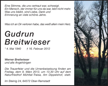 Traueranzeige von Gudrun Breitwieser von Echo-Zeitungen (Gesamtausgabe)