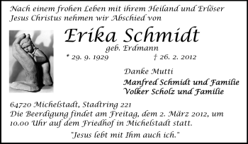 Traueranzeige von Erika Schmidt von Odenwälder Echo