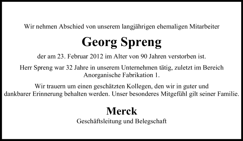  Traueranzeige für Georg Spreng vom 01.03.2012 aus Echo-Zeitungen (Gesamtausgabe)