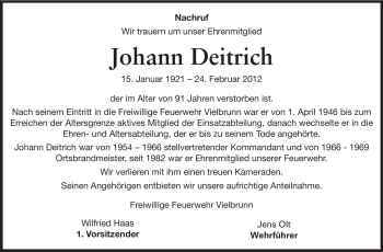 Traueranzeige von Johann Deitrich von Odenwälder Echo