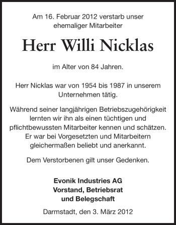 Traueranzeige von Willi Nicklas von Echo-Zeitungen (Gesamtausgabe)