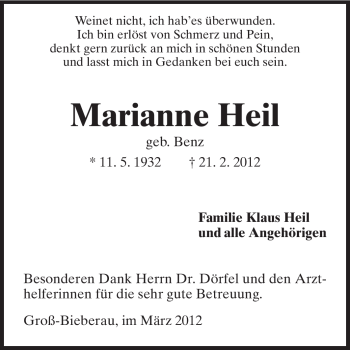 Traueranzeige von Marianne Heil von Darmstädter Echo, Odenwälder Echo, Rüsselsheimer Echo, Groß-Gerauer-Echo, Ried Echo