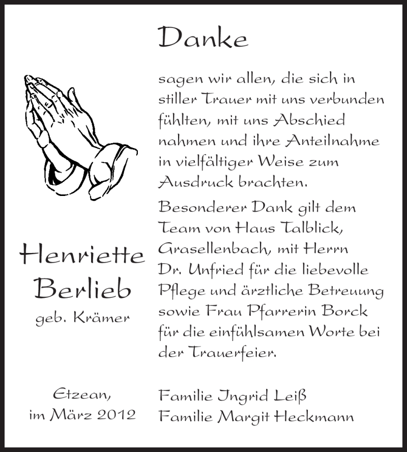  Traueranzeige für Henriette Berlieb vom 03.03.2012 aus Starkenburger Echo