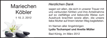 Traueranzeige von Mariechen Köbler von Odenwälder Echo