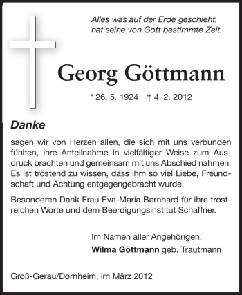 Traueranzeige von Georg Göttmann von Rüsselsheimer Echo, Groß-Gerauer-Echo, Ried Echo