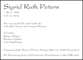 Traueranzeige von Sigrid Ruth Peters von Echo-Zeitungen (Gesamtausgabe)
