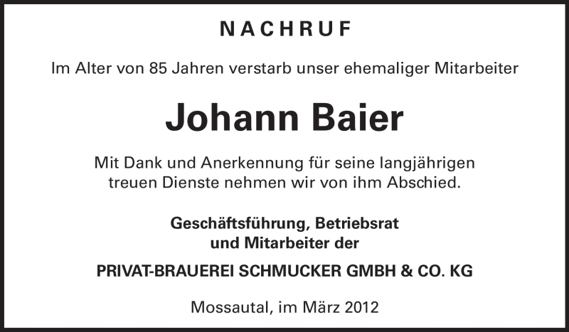  Traueranzeige für Johann Baier vom 01.03.2012 aus Odenwälder Echo