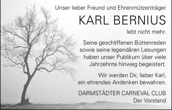 Traueranzeige von Karl Bernius von Echo-Zeitungen (Gesamtausgabe)