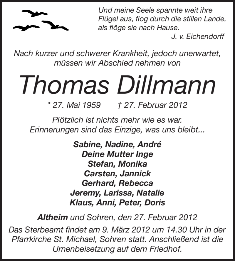  Traueranzeige für Thomas Dillmann vom 03.03.2012 aus Echo-Zeitungen (Gesamtausgabe)