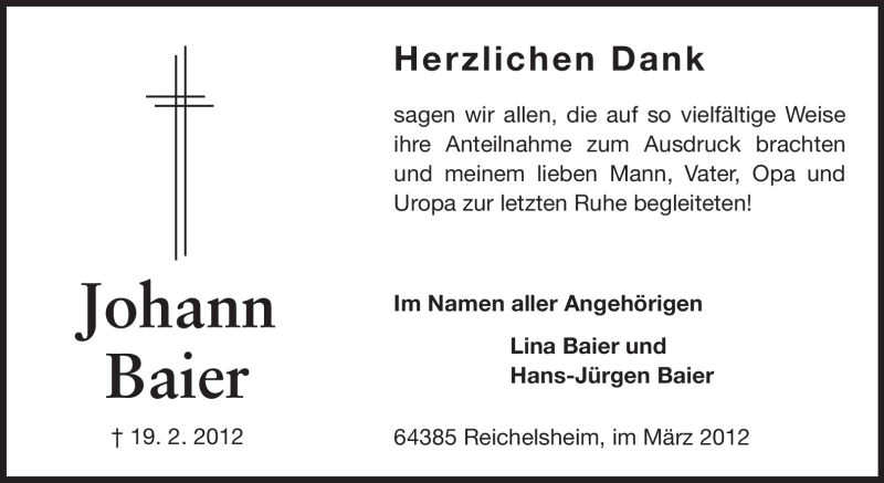  Traueranzeige für Johann Baier vom 02.03.2012 aus Odenwälder Echo