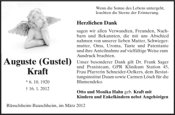 Traueranzeige von Auguste Kraft von Rüsselsheimer Echo, Groß-Gerauer-Echo, Ried Echo