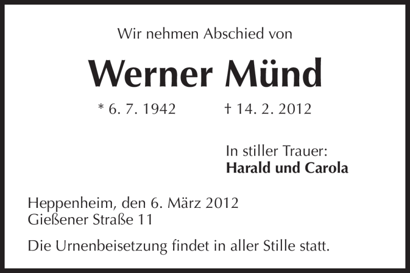  Traueranzeige für Werner Münd vom 06.03.2012 aus Starkenburger Echo