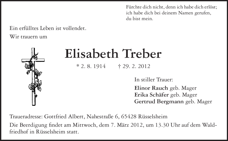  Traueranzeige für Elisabeth Treber vom 03.03.2012 aus Rüsselsheimer Echo, Groß-Gerauer-Echo, Ried Echo