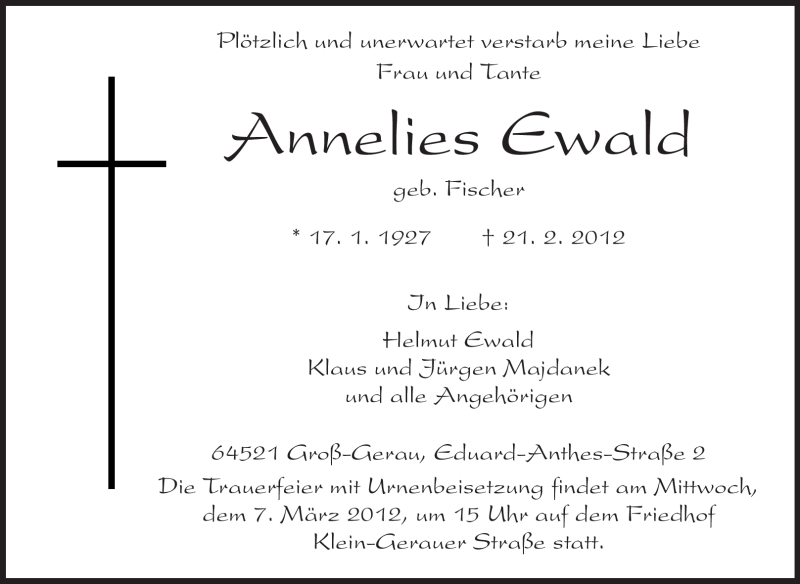  Traueranzeige für Annelies Ewald  vom 03.03.2012 aus Rüsselsheimer Echo, Groß-Gerauer-Echo, Ried Echo