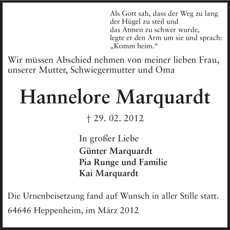  Traueranzeige für Hannelore Marquardt vom 14.03.2012 aus Starkenburger Echo