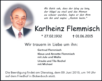 Traueranzeige von Karlheinz Flemmisch von Echo-Zeitungen (Gesamtausgabe)