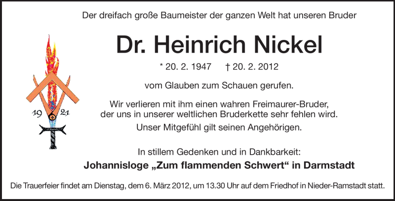  Traueranzeige für Heinrich Nickel vom 03.03.2012 aus Darmstädter Echo, Odenwälder Echo, Rüsselsheimer Echo, Groß-Gerauer-Echo, Ried Echo