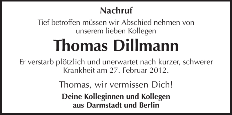  Traueranzeige für Thomas Dillmann vom 03.03.2012 aus Echo-Zeitungen (Gesamtausgabe)