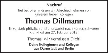 Traueranzeige von Thomas Dillmann von Echo-Zeitungen (Gesamtausgabe)