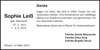 Traueranzeige von Sophie Leiß von Odenwälder Echo