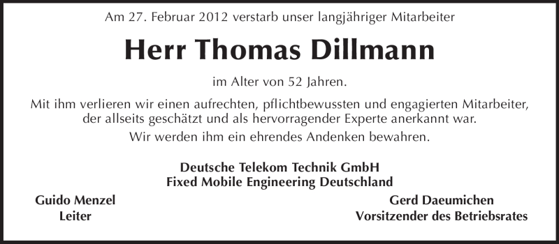  Traueranzeige für Thomas Dillmann vom 03.03.2012 aus Echo-Zeitungen (Gesamtausgabe)