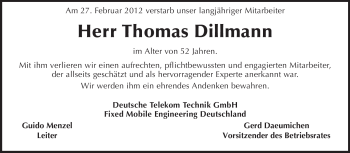 Traueranzeige von Thomas Dillmann von Echo-Zeitungen (Gesamtausgabe)
